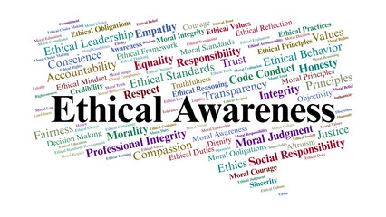 Ethical Awareness Word Cloud. Integrity, Morality, Responsibility, And Principles