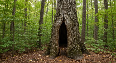 A vertical shot of a large tree trunk with a hole in a forest on the Appalachian Trail, Georgia in vivid detail