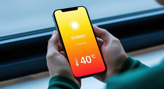Person Holding Smartphone Displaying Sunny Weather Forecast with High Temperature, Emphasizing Modern Technology