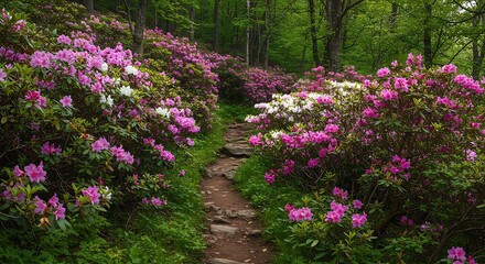 Scenic view of a scenic shot of rhododendron flowers at the appalachian trail in north america