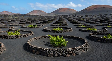 Breathtaking view of remains of La Geria vineyard on black volcanic soil in Lanzarote, Spain, on a sunny day, with hills in the background