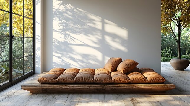 A simple inviting futon rests on a wooden platform in a clean well lit room with a large window overlooking nature creating a serene tranquil atmosphere for relaxation and rejuvenation