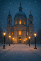 Fototapeta premium Illuminated historic church in snowy winter evening with glowing street lamps and falling snow