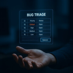 Hand interacting with futuristic digital bug triage interface in dark environment