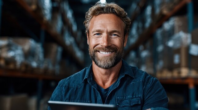 A smiling middle-aged man displays a welcoming demeanor while holding a tablet, showcasing the spirit of teamwork and readiness in a bustling warehouse environment.