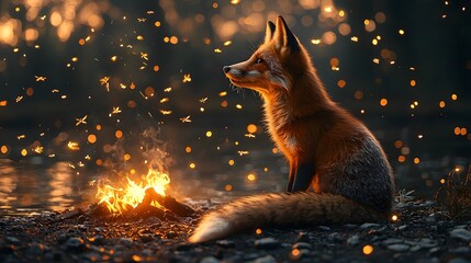 Curious fox watches fireflies dance by a cozy campfire at dusk