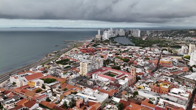 Drone Shot of Cartagena Colombia, Old Town Buildings anc Caribbean Sea on Cloudy Day