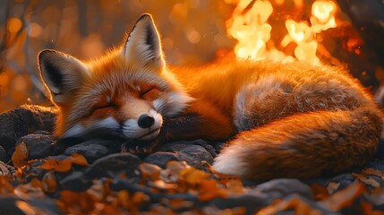 Obraz premium Sleeping fox nestled by a crackling campfire