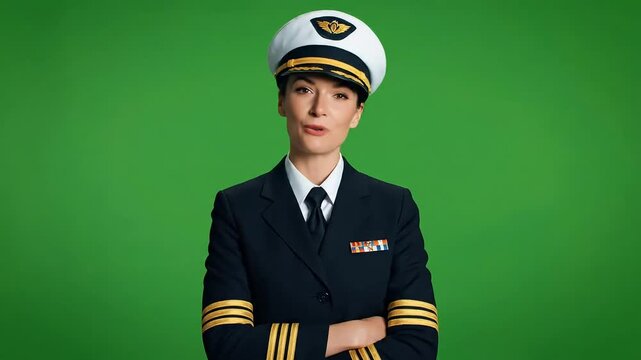 Dynamic Reveal of a Confident Female Pilot Captain Smiling with Arms Crossed on Green Screen