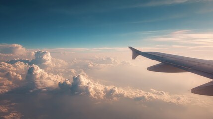 Fototapeta premium Aerial View From Airplane Window: Wing Over Clouds at High Altitude During Sunny Flight