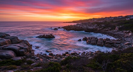 Fototapeta premium A beautiful sunset over a rocky coast, with waves crashing against the shore. Hermanus, Western Cape. in vivid detail