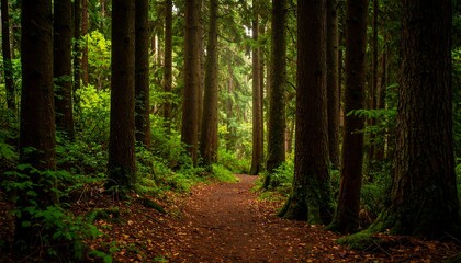 Obraz premium A sunlit path winds through a dense, mossy forest of tall trees