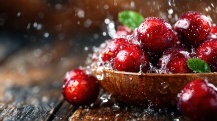 A vibrant display of fresh red plums surrounded by splashes of water in a rustic wooden bowl, capturing the essence of nature and refreshing fruit.
