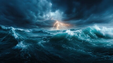 A powerful portrayal of tumultuous ocean waters crashing violently under dark stormy skies, filled with flashes of lightning illuminating the chaos beyond.