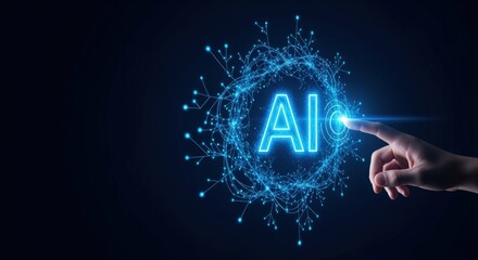 Artificial Intelligence: Hand Touching Glowing AI Icon with Neural Network Connection Background Represents the Future