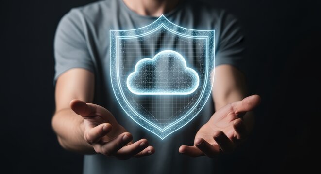 Cloud Security Concept: Man Presenting Holographic Shield with Cloud Icon for Data Protection, Encryption and Cybersecurity