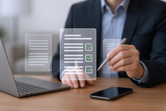 Businessman Completing Digital Checklist with Pen on Virtual Interface for Efficient Task Management and Approval