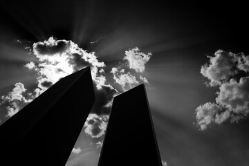 Silhouette of Towers on background of black and white sky. American Patriot Day banner.