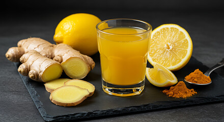 "Small glass shot of ginger lemon detox drink placed on a slate board, surrounded by fresh ginger root slices, lemon wedges, and turmeric powder, bright daylight emphasizing vibrant colors for a healt