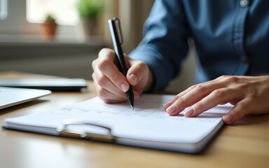 Man holding pen in hand writing journal, agenda or research. Business on desk. Writing planner notebook on paper. High quality