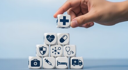 Conceptual Healthcare and Medical Pyramid: Hand Placing a Block with a Plus Sign