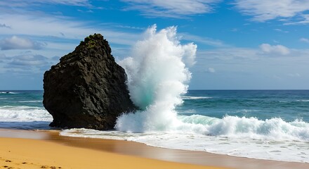 A stunning seascape featuring a powerful wave crashing against a large rock formation at the beach in vivid detail