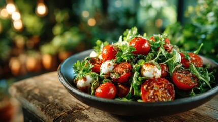A beautifully arranged bowl of fresh tomatoes, greens, and herbs showcases the bounty of nature, emphasizing organic food and the joy of healthy eating light-filled environment.