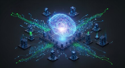 Futuristic AI brain and neural network integrated with advanced technology and circuits, symbolizing artificial intelligence and machine learning.