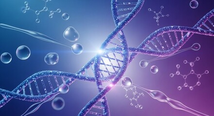 Abstract 3D illustration of DNA strands with molecular structures and bubbles on a gradient blue and purple background, science and biotechnology.