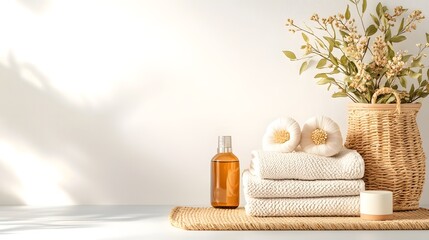 A stack of plush natural colored towels a woven basket and a bottle of essential oil create a calming spa like atmosphere in this bright uncluttered room