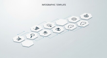 Modern infographic template with interconnected hexagon icons, representing data analysis, ideas, security, and cloud computing on a gradient background.