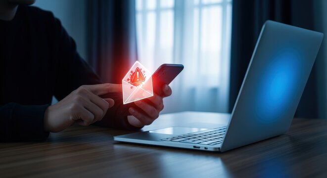 Hologrammatic Alert: Person Receiving Email Warning on Mobile, laptop on table. Virus, malware, Spam, Security breach.