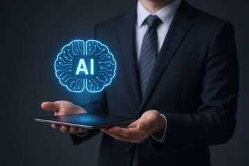 Artificial Intelligence Concept: Businessman Holding Tablet Displaying AI Brain, Representing Innovation, Technology, and Neural Networks