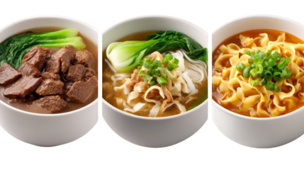 A close up view of three traditional ceramic bowls filled with a savory steaming hot broth each containing a generous portion of noodles tender slices of cooked meat and fresh garnishes.