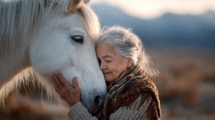 This touching image depicts an elderly woman sharing a tender moment with a white horse, representing trust, companionship, and the deep bond between humans and animals in a serene landscape.
