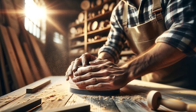 Close-up of a craftsman's hands meticulously working on a wooden piece in a sunlit workshop, surrounded by tools and timber.