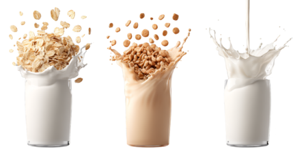 A captivating still life composition featuring three distinct glasses of fresh creamy milk elegantly arranged to highlight their pure white essence and nutritional value.