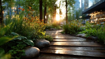 This beautiful garden pathway, illuminated by warm sunlight, invites you to take a peaceful stroll among vibrant flowers and natural textures, promoting tranquility and harmony.