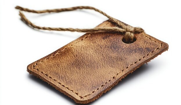 Vintage leather patch with string for branding and price label on white background, perfect for retail product photography