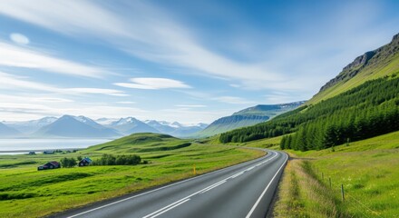 Naklejka premium Picturesque Road Through Verdant Icelandic Landscape with Mountains, Ocean and Blue Sky, Capturing the Essence of Iceland