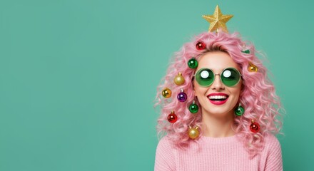 Joyful Woman with Pink Curly Hair, Party Hat, and Green Sunglasses Celebrating Festive Occasion 