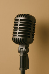 Vintage retro microphone on stand against beige background for podcast music and broadcasting