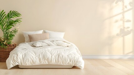 A serene and inviting bedroom space with a folded comforter on a simple clean mattress surrounded by a peaceful minimalist environment