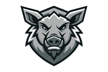 Ferocious hog animal head portrait in shades of gray gazes intently forward