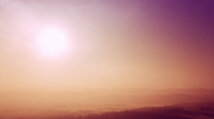 Sunlit Haze Over Rolling Hills: Warm Sunrise Landscape with Pastel Colors and Dreamy Atmospheric Perspective