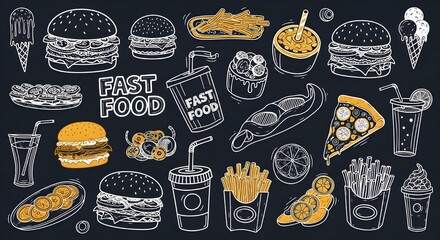 fast food illustration with burgers pizza fries ice cream and drinks in cartoon doodle style on dark background with bold cheerful title and vibrant design perfect for creative food projects