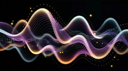 Fototapeta premium Flowing purple and white energy waves with sparkles on black background abstract light