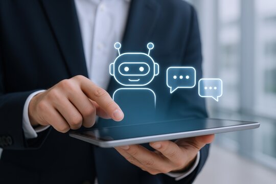 Businessman uses AI Chatbot on Tablet for Customer Service and Automated Communication Solution