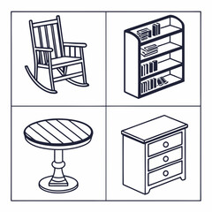 Furniture arrangement featuring a rocking chair, bookcase, table, and nightstand isolated on white background