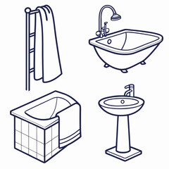 Bathroom fixtures including bathtub, sink, and towel rack isolated on white background